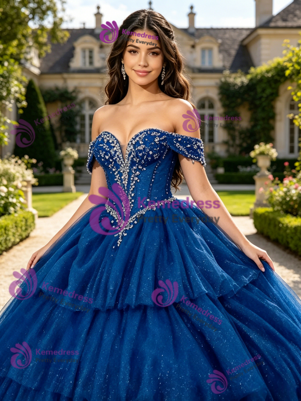 Blue Tulle Sequins Beading Quinceanera Dress