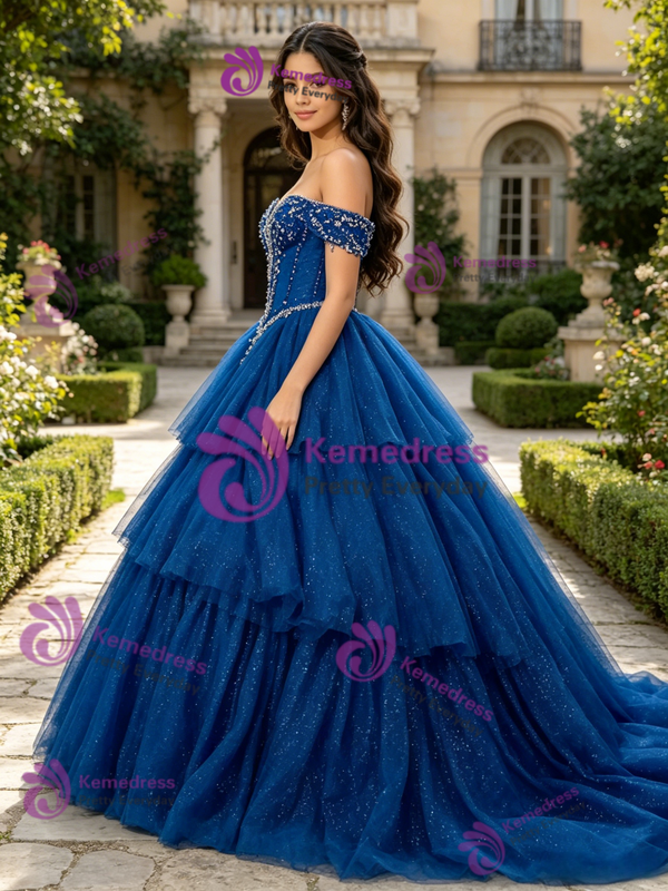 Blue Tulle Sequins Beading Quinceanera Dress