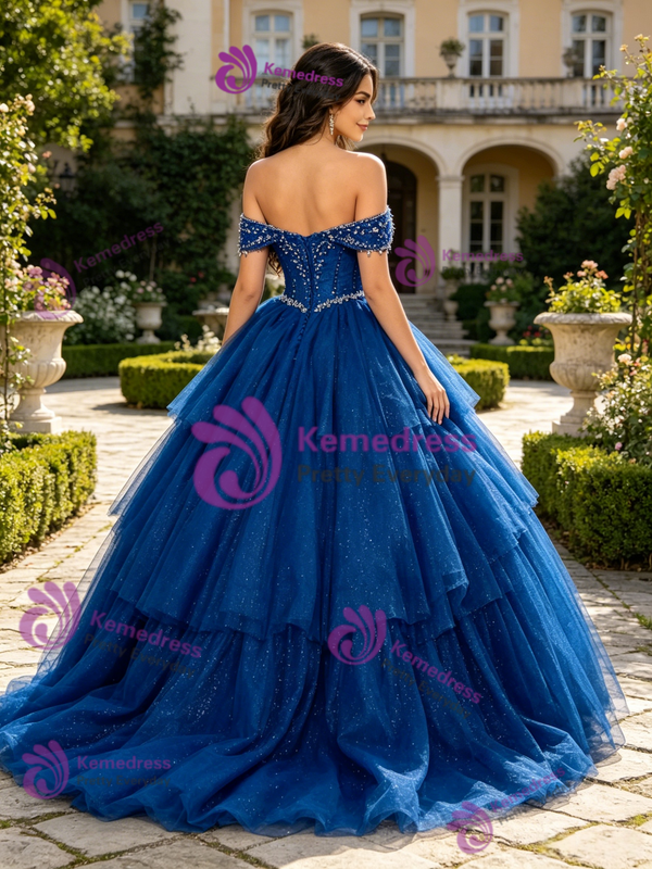 Blue Tulle Sequins Beading Quinceanera Dress
