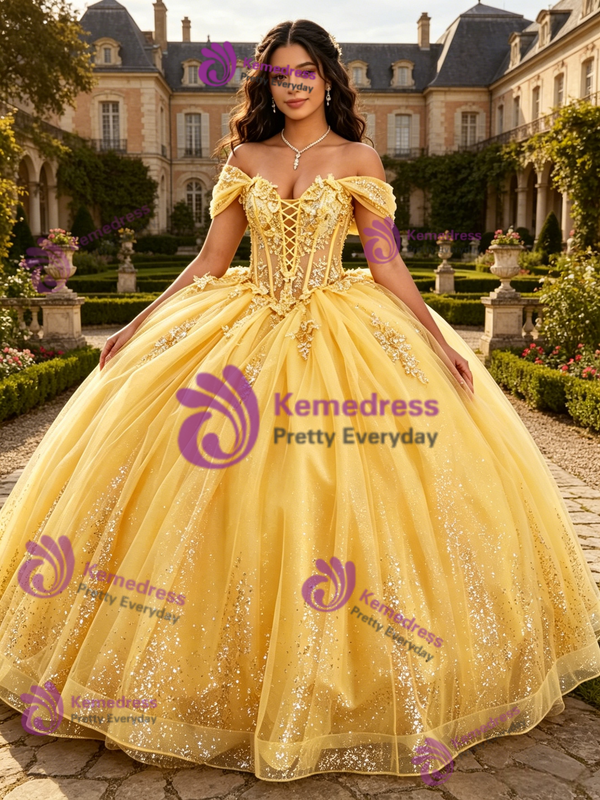 Yellow Tulle Off the Shoulder Appliques Quinceanera Dress