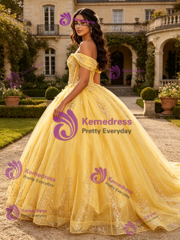 Yellow Tulle Off the Shoulder Appliques Quinceanera Dress