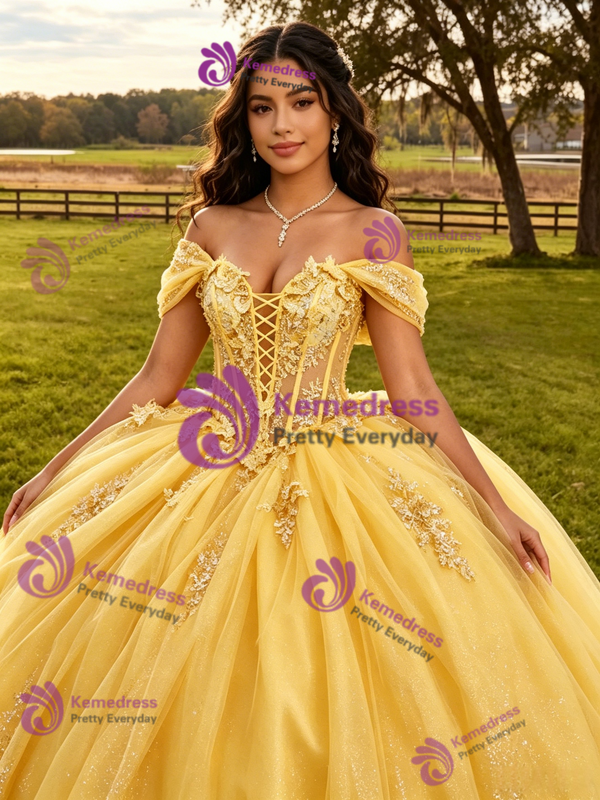 Yellow Tulle Off the Shoulder Appliques Quinceanera Dress