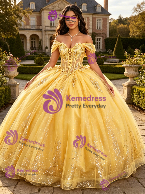 Yellow Tulle Off the Shoulder Appliques Quinceanera Dress