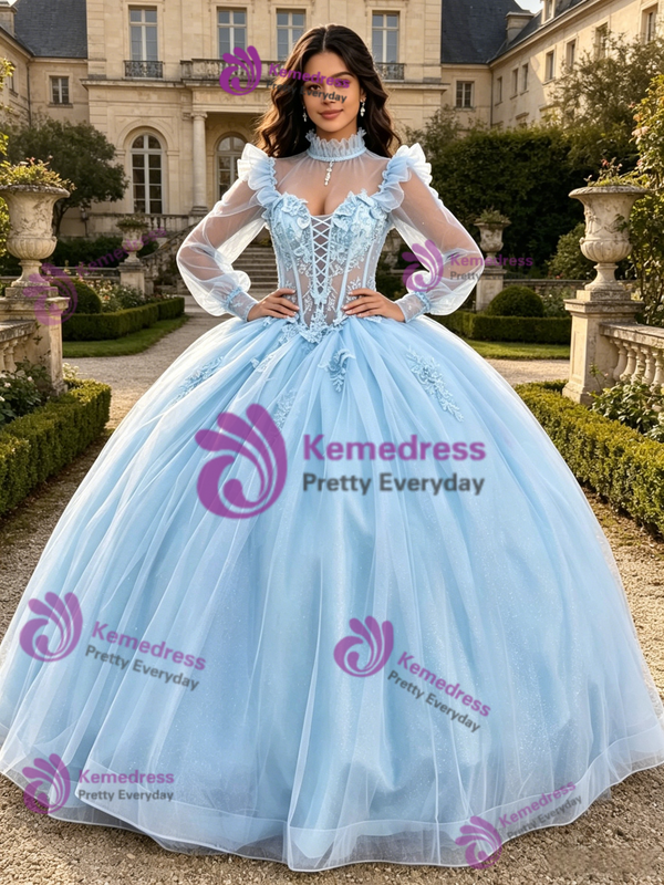 Light Blue Tulle Long Sleeve High Neck Quinceanera Dress