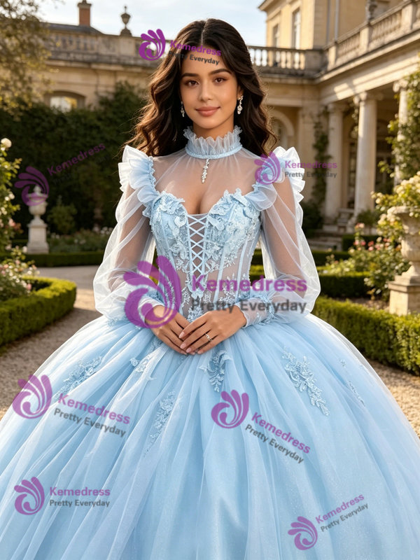 Light Blue Tulle Long Sleeve High Neck Quinceanera Dress
