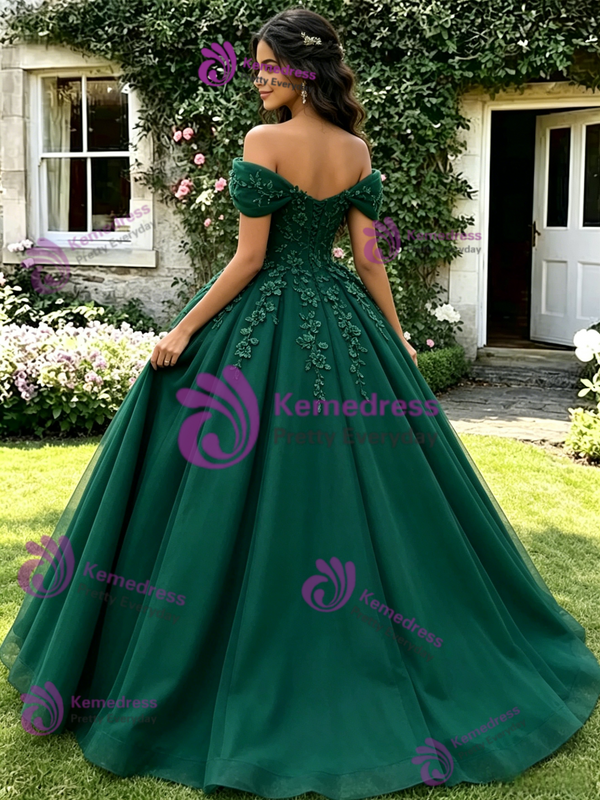 Green Tulle Off the Shoulder Appliques Quinceanera Dress