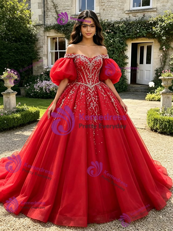 Red Tulle Puff Sleeve Appliques Quinceanera Dress