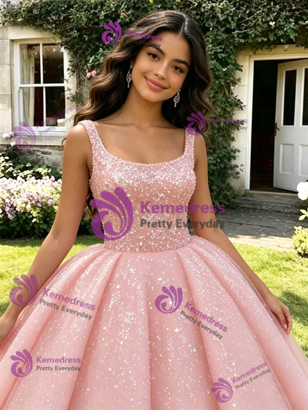 Pink Sequins Straps Quinceanera Dress