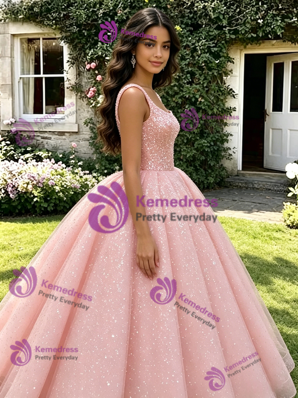 Pink Sequins Straps Quinceanera Dress