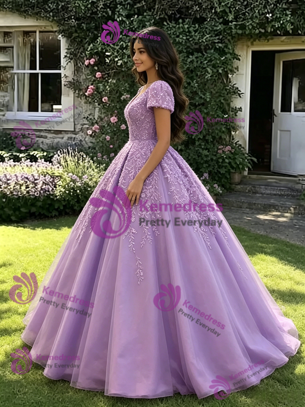 Purple Tulle V-neck Appliques Quinceanera Dress