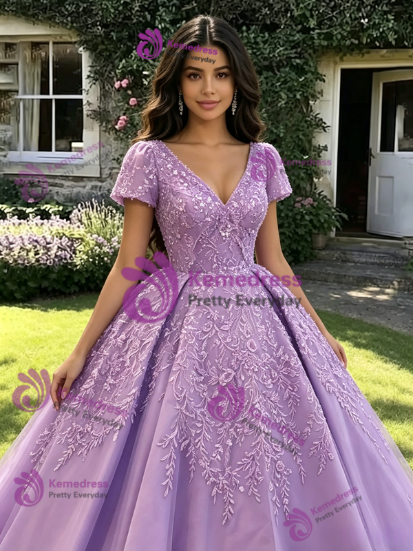 Purple Tulle V-neck Appliques Quinceanera Dress