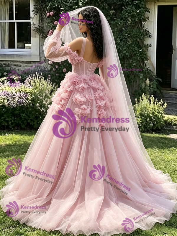 Pink Tulle Long Sleeve One Shoulder 3D Flower Quinceanera Dress