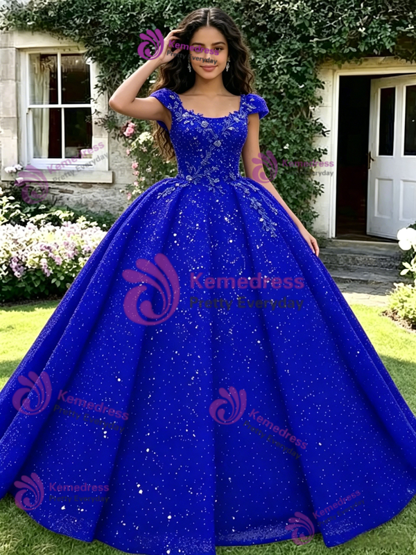Blue Seuqins Cap Sleeve Quinceanera Dress