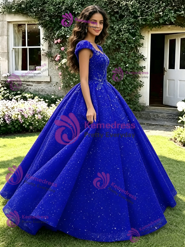 Blue Seuqins Cap Sleeve Quinceanera Dress