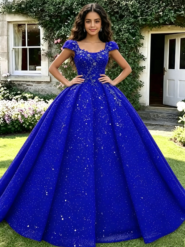 Blue Seuqins Cap Sleeve Quinceanera Dress