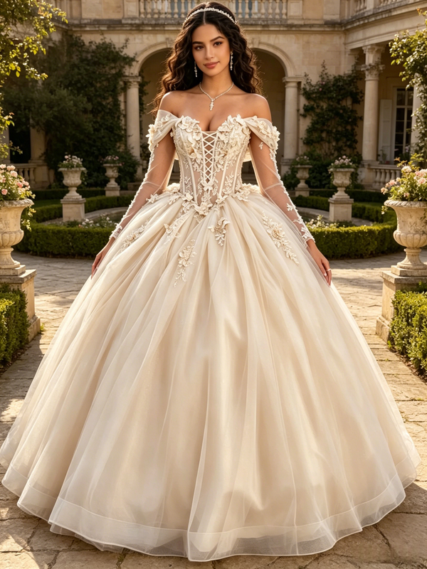 Champagne Tulle Appliques Quinceanera Dress