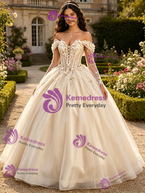 Champagne Tulle Appliques Quinceanera Dress