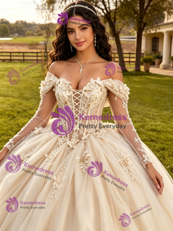 Champagne Tulle Appliques Quinceanera Dress