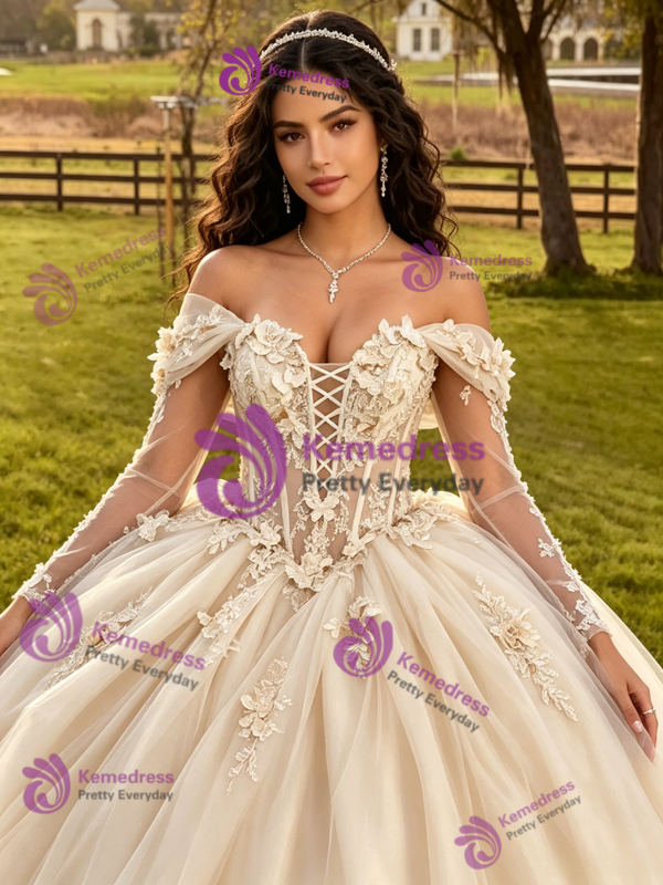Champagne Tulle Appliques Quinceanera Dress