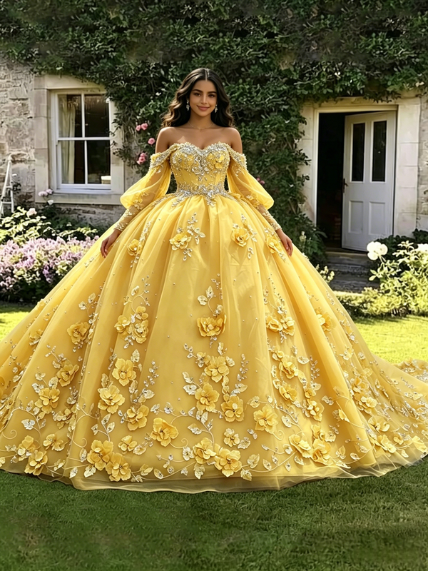 Yellow Tulle Appliques Long Sleeve Quinceanera Dress