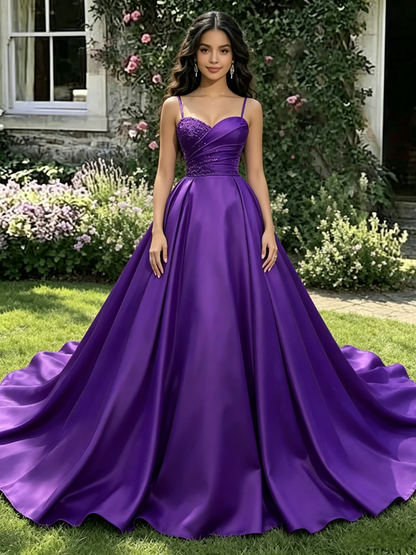 Purple Satin Straps Pleats Quinceanera Dress