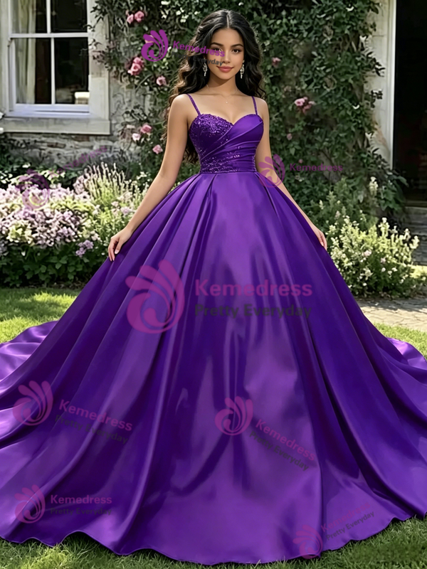 Purple Satin Straps Pleats Quinceanera Dress