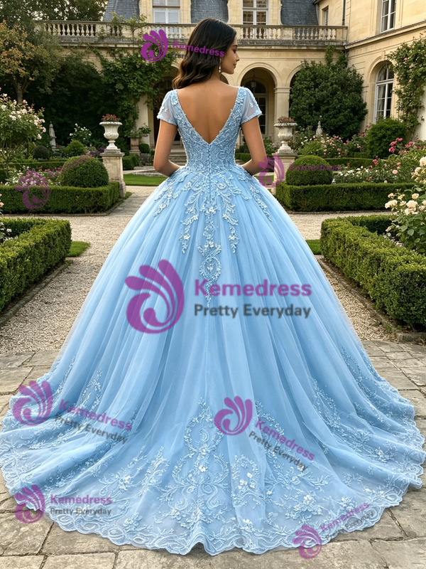 Blue Tulle V-neck Appliques Quinceanera Dress