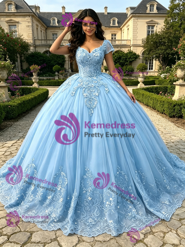 Blue Tulle V-neck Appliques Quinceanera Dress
