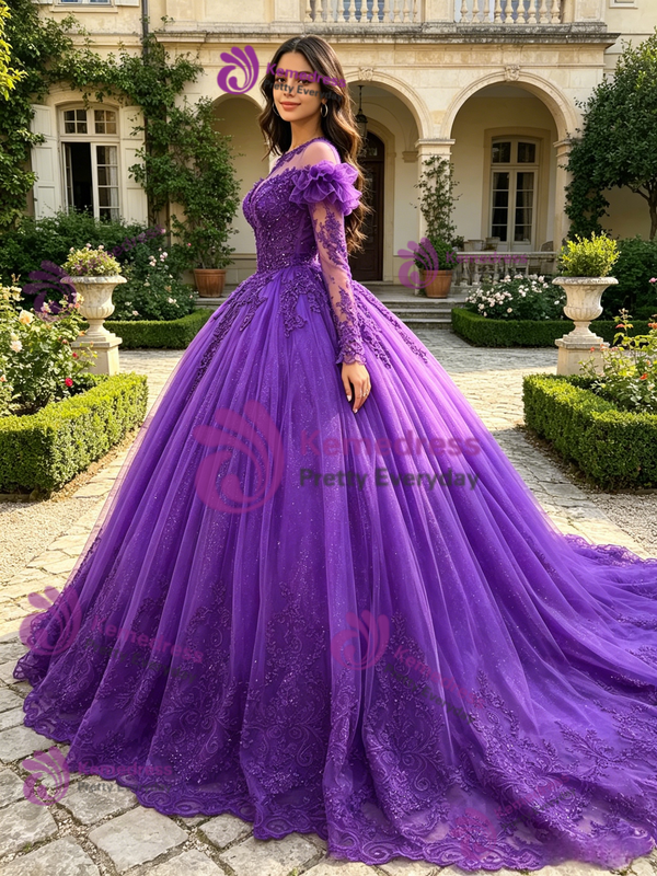 Purple Tulle Long Sleeve Appliques Quinceanera Dress