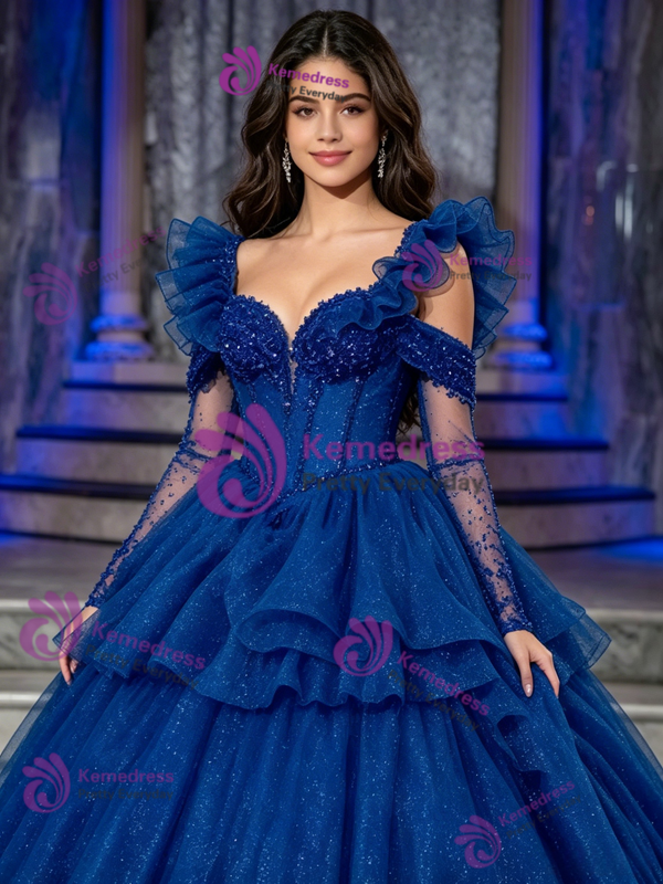 Blue Tulle Straps Tiers Beading Quinceanera Dress