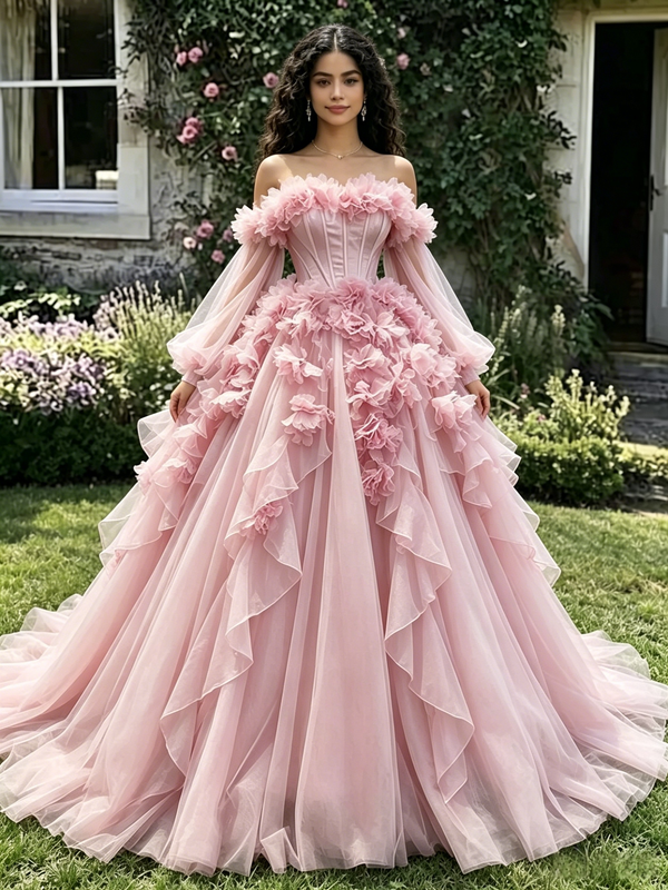 Pink Tulle Long Sleeve Off the Shoulder 3D Flower Quinceanera Dress