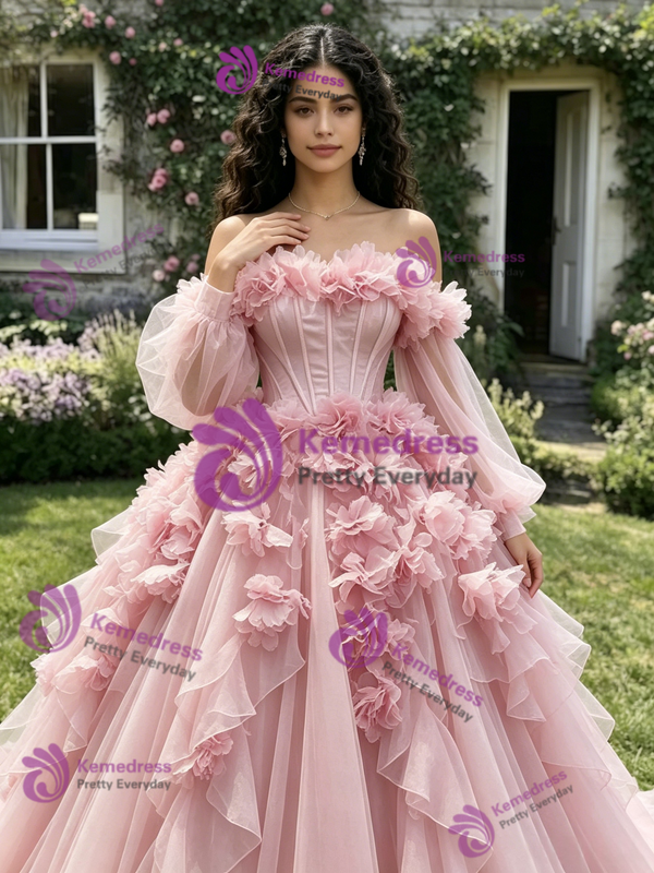 Pink Tulle Long Sleeve Off the Shoulder 3D Flower Quinceanera Dress
