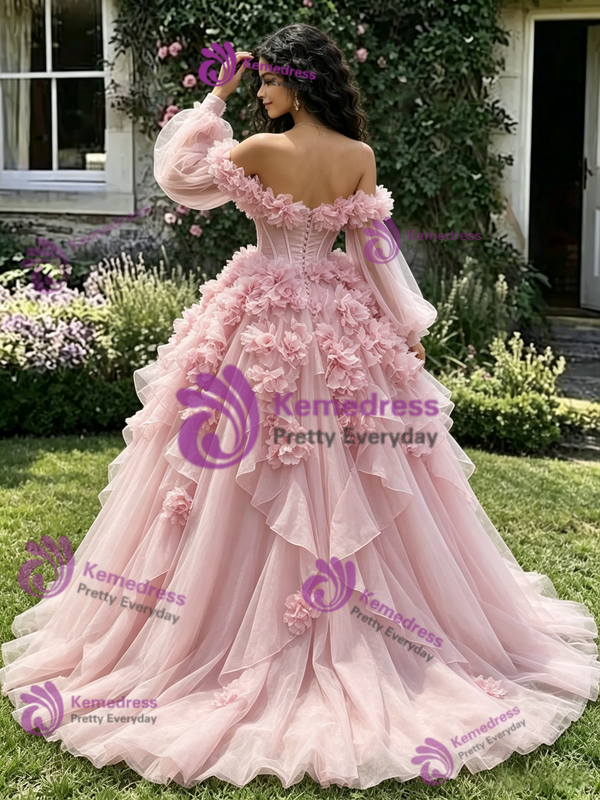 Pink Tulle Long Sleeve Off the Shoulder 3D Flower Quinceanera Dress