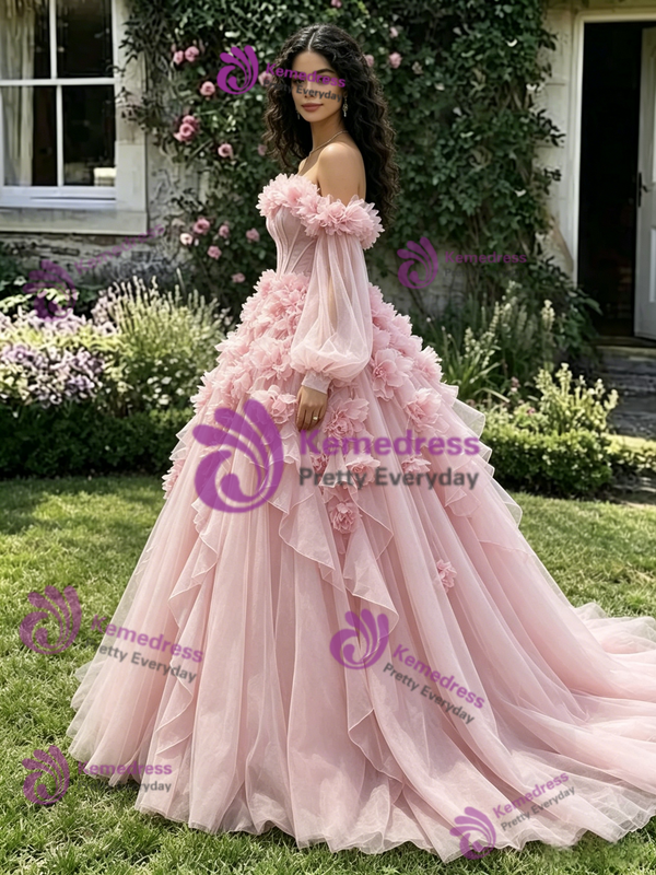 Pink Tulle Long Sleeve Off the Shoulder 3D Flower Quinceanera Dress