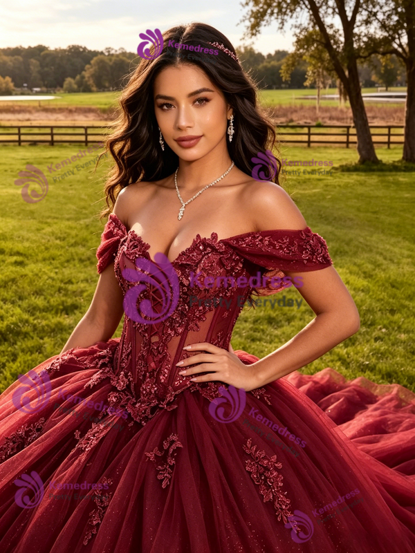 Burgundy Tulle Appliques Quinceanera Dress