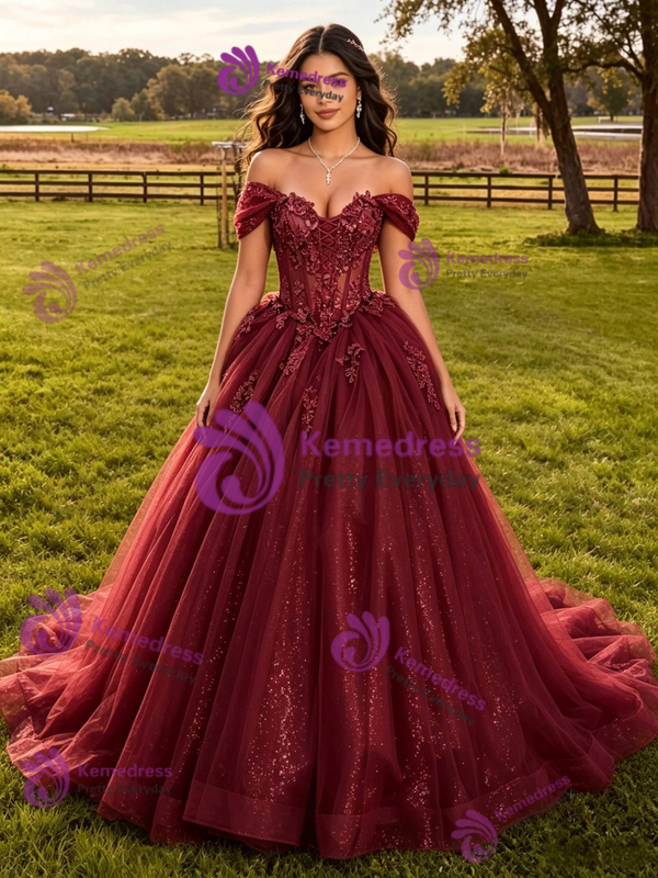 Burgundy Tulle Appliques Quinceanera Dress
