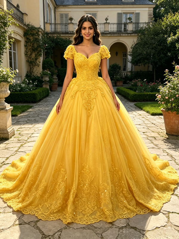 Yellow Tulle Square Neck Puff Sleeve Quinceanera Dress
