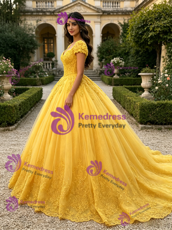 Yellow Tulle Square Neck Puff Sleeve Quinceanera Dress