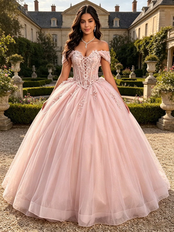 Pink Tulle Appliques Quinceanera Dress