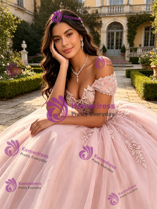 Pink Tulle Appliques Quinceanera Dress