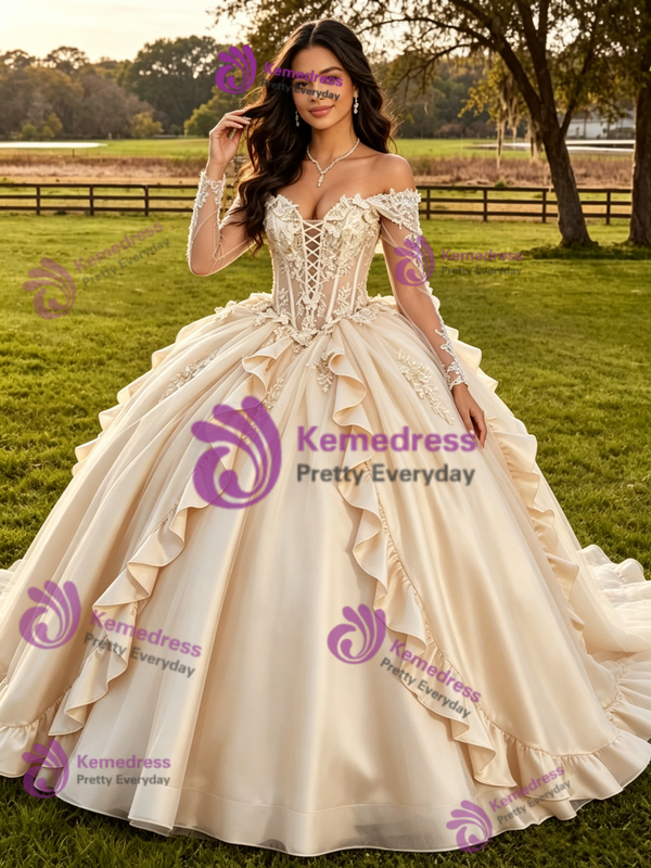 Champagne Tulle Long Sleeve 3D Flower Quinceanera Dress