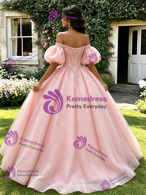 Pink Tulle Off the Shoulder Puff Sleeve Quinceanera Dress