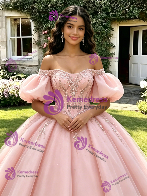 Pink Tulle Off the Shoulder Puff Sleeve Quinceanera Dress