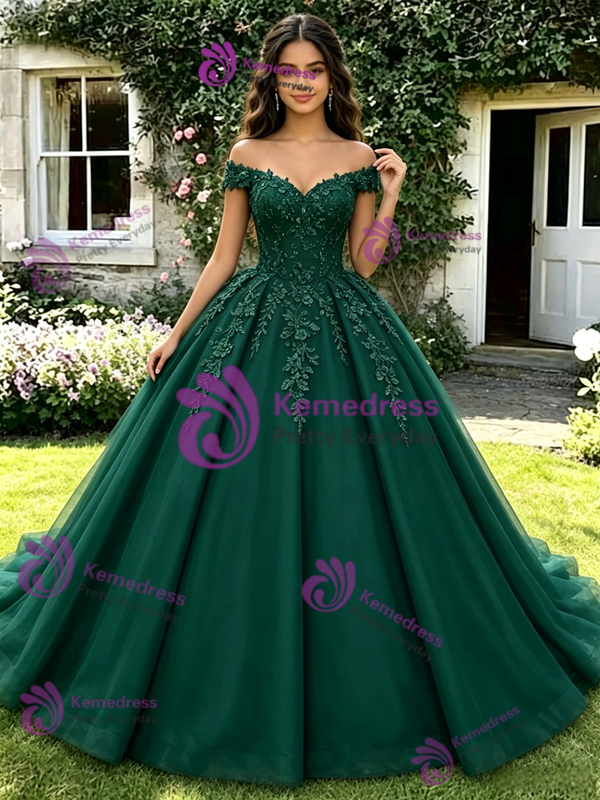 Green Tulle Off the Shoulder Appliques Quinceanera Dress