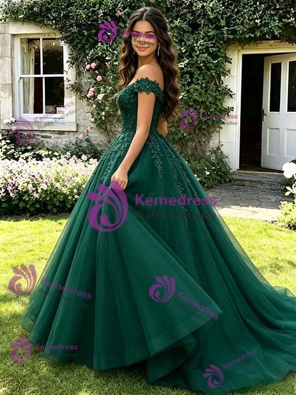 Green Tulle Off the Shoulder Appliques Quinceanera Dress