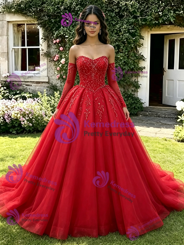 Red Tulle Strapless Long Sleeve Beading Quinceanera Dress