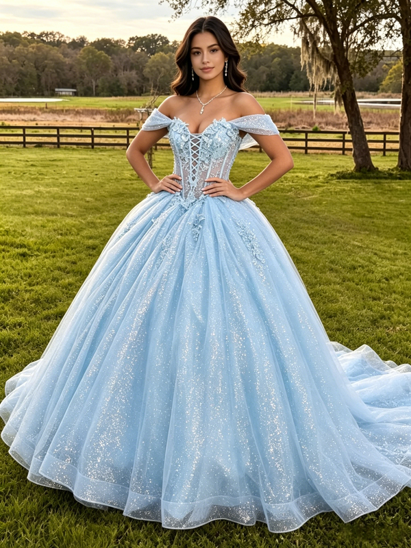 Blue Tulle Off the Shoulder Appliques Quinceanera Dress
