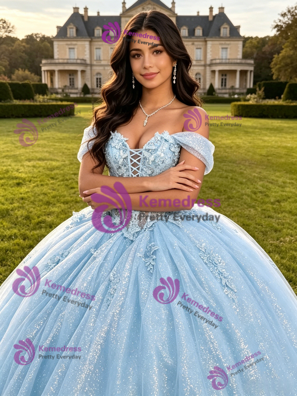 Blue Tulle Off the Shoulder Appliques Quinceanera Dress