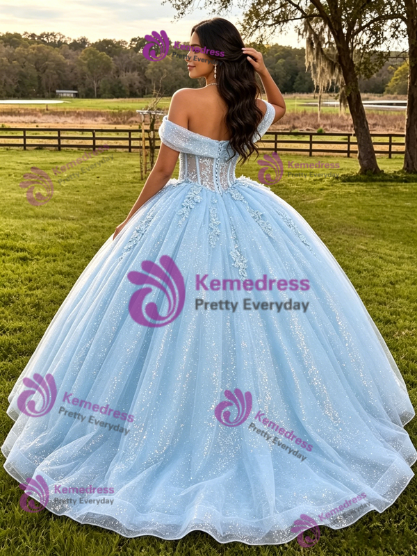 Blue Tulle Off the Shoulder Appliques Quinceanera Dress
