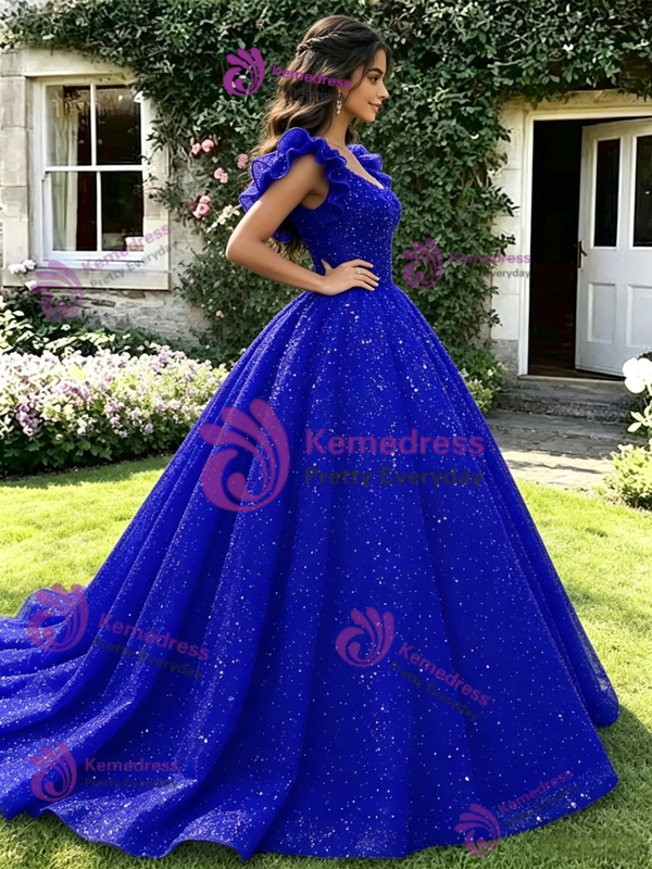 Blue Tulle Sequins Straps Quinceanera Dress